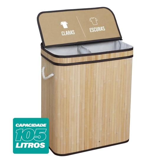 Imagem de Cesto de Roupas Com Divisória Roupeiro Bambu Retangular Artiko Pratic+ Com Tampa 105L