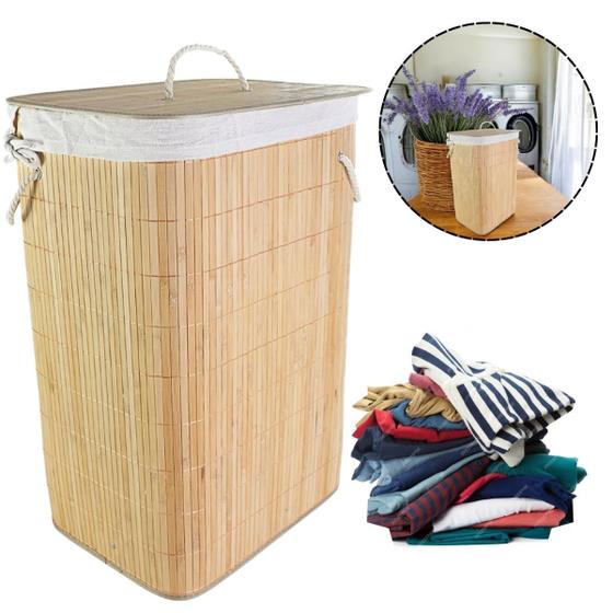Imagem de Cesto de Roupas de Bambu 72L com Alças  Dobrável, Ecológico e Resistente