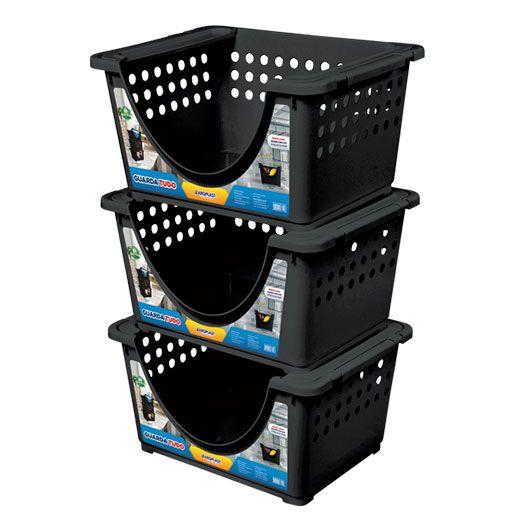Cesto Organizador Grande Plástico Empilhável 3 Peças Preto Menor preço em Cesto Organizador Grande Plástico Empilhável 3 Peças Preto