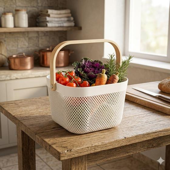 Cesto Organizador Quadrado Decorativo com Alça de Madeira 20x15cm, Cesto Multiuso para Banheiro, Cozinha, Quarto Infantil e Organização Residencial