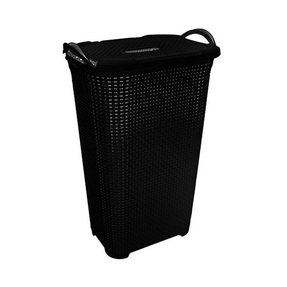 Imagem de Cesto Rattan Preto 50 Litros com Tampa e com Alça Multiuso