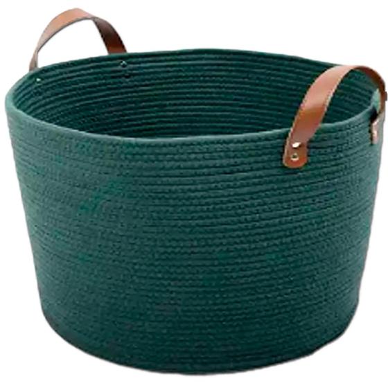 Imagem de Cesto Redondo Extra Grande Organizador Alça de Couro, Cordas de Algodão costura dupla, Versátil Decorativo Boho, para mantas roupas almofadas, Verde