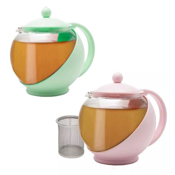 Imagem de Chaleira de vidro rosa ou verde com infusor de inox para chá 750ml ou 1250ml