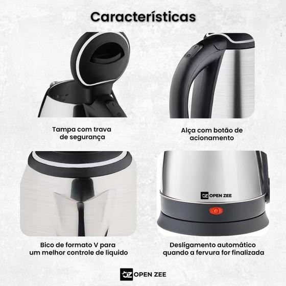 Chaleira Elétrica 220v ou 110v Portátil Jarra Bule De Aço Inox 1.8 Litros Com Desligamento Automático e Trava de Segurança Para Café Chá Água - OPEN ZEE