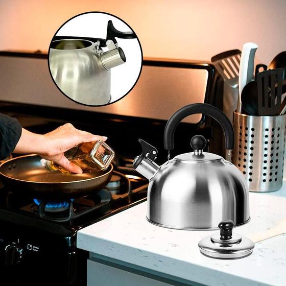 Imagem de Chaleira Inox Com Apito e Tampa Alça Térmica Chá Cozinha 1 5 Litros Gourmet Pequena Café Aço Inox Punho Bebidas