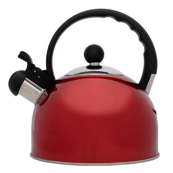 Imagem de Chaleira Inox Vermelha Com Apito 2 Litros Mimo Style Bule De Chá Para Ferver Água Jarra Portátil Com Alça