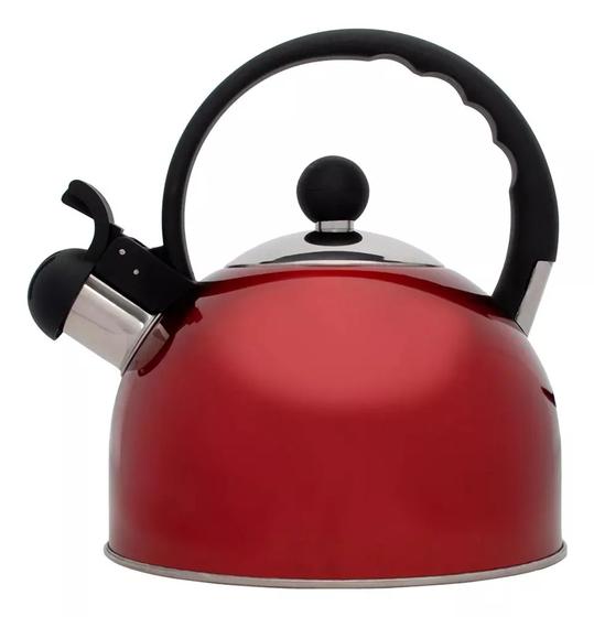Imagem de Chaleira Inox Vermelha Com Apito 2 Litros Mimo Style Bule Para Ferver Água Jarra Portátil Com Alça