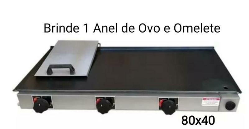 Imagem de Chapa De Lanche Com Prensa 80x40 Inox A Gás 3 Bocas + Anel para Ovo