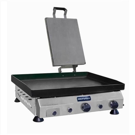 Imagem de Chapa de Lanche Profissional Com Prensador Metvisa 60 Cm a gás 4,25mm Espessura 2 Queimadores Gabinete Inox CFGP06