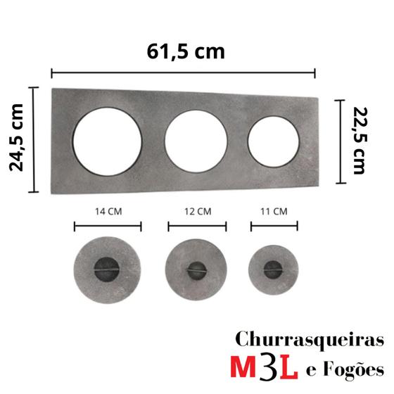 Imagem de Chapa Fogão a Lenha Ferro Fundido 61,5x24,5x22,5 3 Furos Paulista C/ Tampa