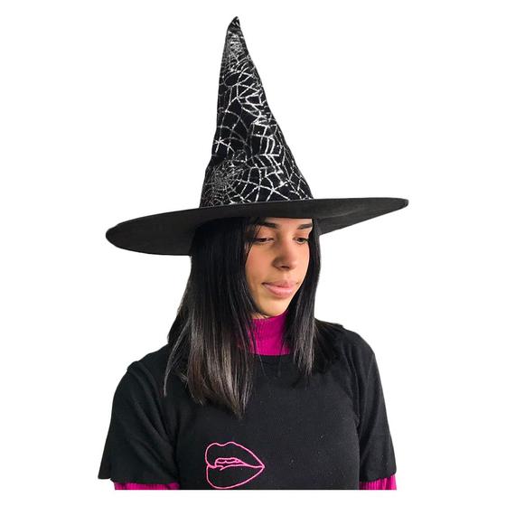 Imagem de Chapéu de Bruxa Preto Veludo com Teia de Glitter Halloween