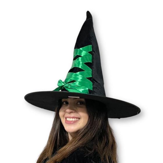 Imagem de Chapéu de Bruxa Veludo com Fita Verde