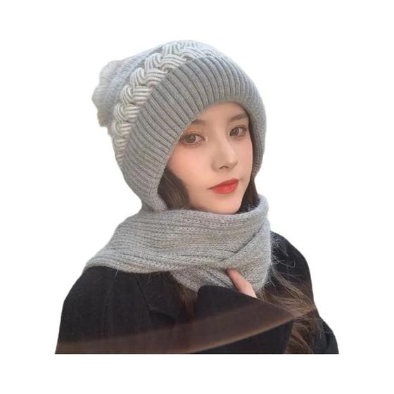 Imagem de Chapéu e Cachecol de Malha para Inverno - Conjunto Quente com Proteção para Orelhas