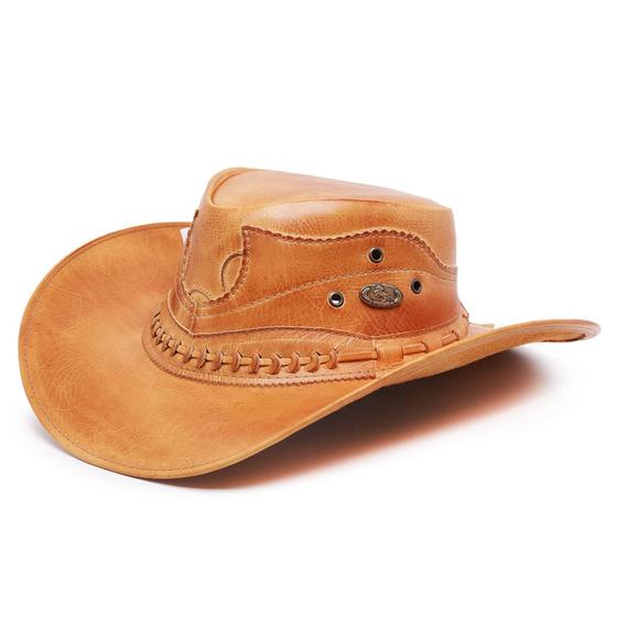 Imagem de Chapéu Em Couro Modelo Australiano Cowboy Peão Com Detalhe Diferenciado Envio Imediato