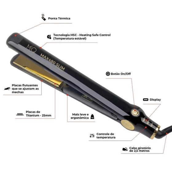 Infográfico detalhado da prancha MQ Max480 Slim destacando suas especificações técnicas como placas flutuantes, ponta térmica e cabo giratório.