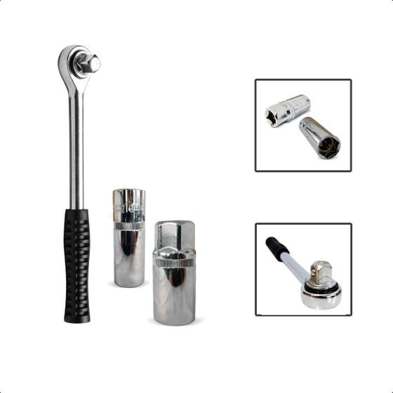 Imagem de Chave Catraca 1/2 Emborrachado + 2 Soquetes Velas 16 E 21Mm
