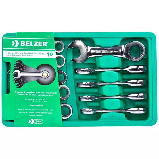Imagem de Chave Combinada Catraca Curta Jogo 10 a 19mm com 10 peças  BELZER