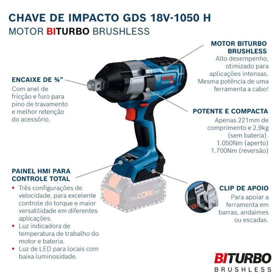 Imagem de Chave de impacto 3/4" brushless  gds 18v-1050 h bosch torque 1050nm com 2 baterias 18v e carregador