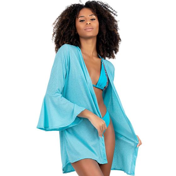 Imagem de Chemise Saída De Praia Kimono Manga Godê Com Cinto Ajustável Estilo Vestido