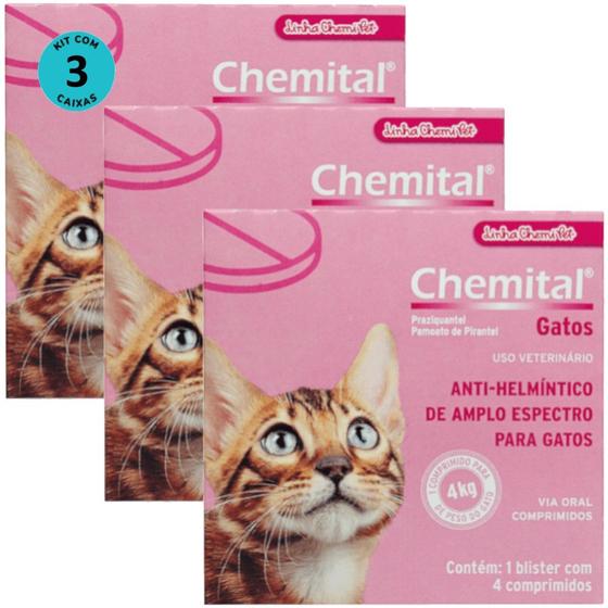 Imagem de Chemital Com 4 Comprimidos Chemitec Vermífugo Para Gatos Kit Com 3 Cx