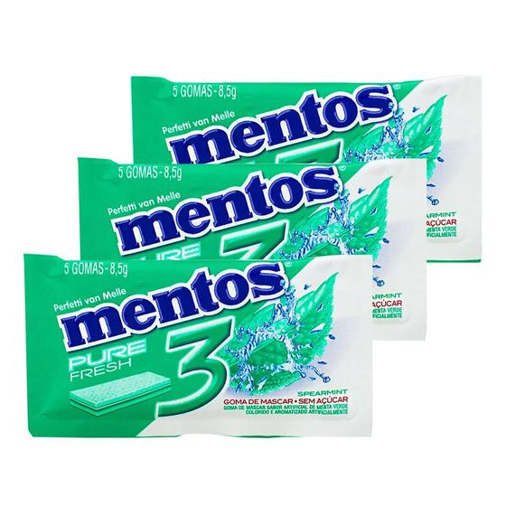 Imagem de Chiclete Mentos Pure Fresh 3 Sabor Spearmint Sem Açúcar 8,5g com 5 Unidades  Kit com três unidades