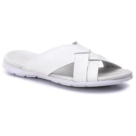 Imagem de Chinelo Masculino Couro Legítimo Casual Branco R11