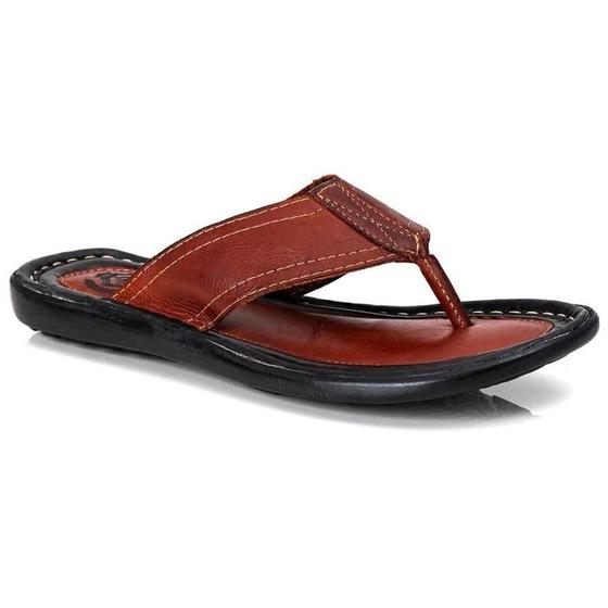 Imagem de Chinelo Masculino Couro Legítimo Casual Tabaco R12