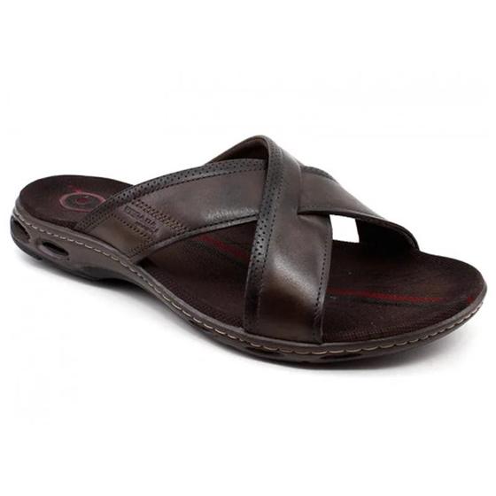 Imagem de Chinelo Pegada Masculino Slide Plus Size Couro Marrom Amortech