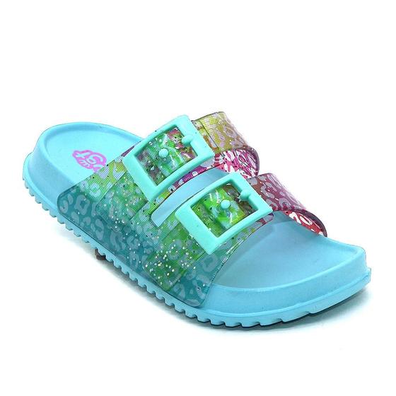 Imagem de Chinelo Plugt Infantil Menina Slide Fivelas Animal Print Verde Água 