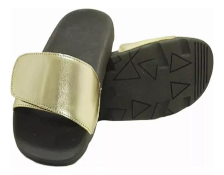 Imagem de chinelo slide feminino tira autocolante ajustável metalizado