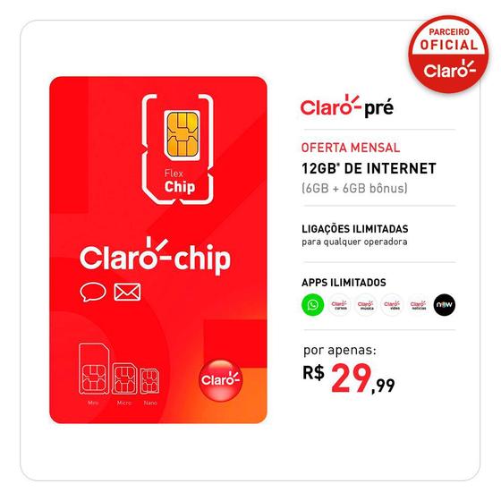 Chip Claro Pré Pago Mensal com Recarga 12GB - Confira os DDD's Menor preço em Chip Claro Pré Pago Mensal com Recarga 12GB - Confira os DDD's