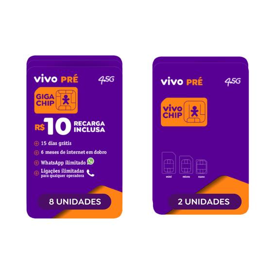 Imagem de Chip Vivo Kit 10: 2 Chip S/ Recarga+8 C/ R10 De Recarga