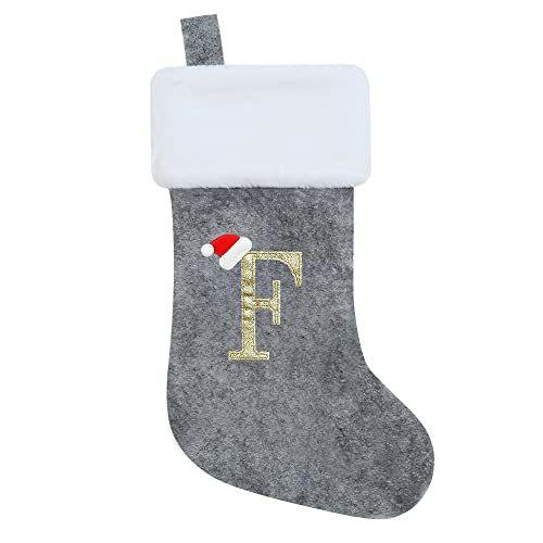 Imagem de Chisander 20 polegadas cinza com branco Super macio de pelúcia meias de Natal personalizado bordado monograma de meias de Natal enfeites suspensos para decorações de festa de Natal de férias da família (letra F)