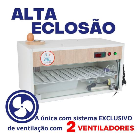 Imagem de Chocadeira ALTA ECLOSÃO Automática com 2 ventiladores e controle de Umidade Bivolt  60 ovos com ovoscópio (GC60U)