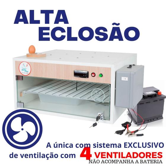 Imagem de Chocadeira Elétrica ALTA ECLOSÃO Automática 120 ovos Trivolt com carregador embutido Controlador de Temperatura PID com 4 ventiladores e ovoscópio