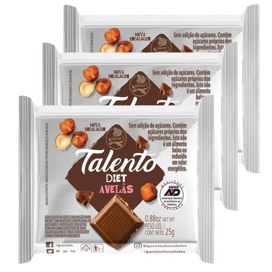 Chocolate Garoto Talento Diet Avelã para Dietas com Ingestão Controlada de Açúcares 25g Kit com três unidades Menor preço em Chocolate Garoto Talento Diet Avelã para Dietas com Ingestão Controlada de Açúcares 25g Kit com três unidades