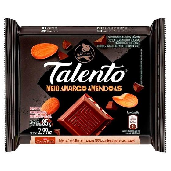 Imagem de Chocolate Garoto Talento Meio Amargo com Amêndoas 85g - Embalagem com 12 Unidades