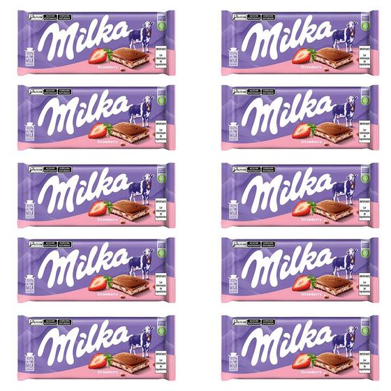 Imagem de Chocolate Milka Morango Barra Kit com 10 Unidades de 100g