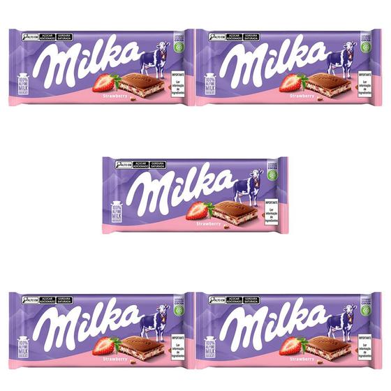 Imagem de Chocolate Milka Morango Barra Kit com 5 Unidades de 100g