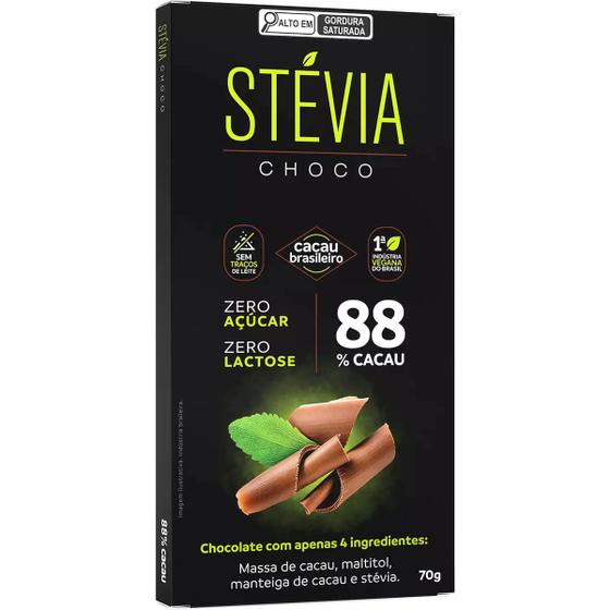 Imagem de Chocolate Stévia Choco 88% Cacau Sem Açúcar Tudo Zero Leite 70g - Vegano