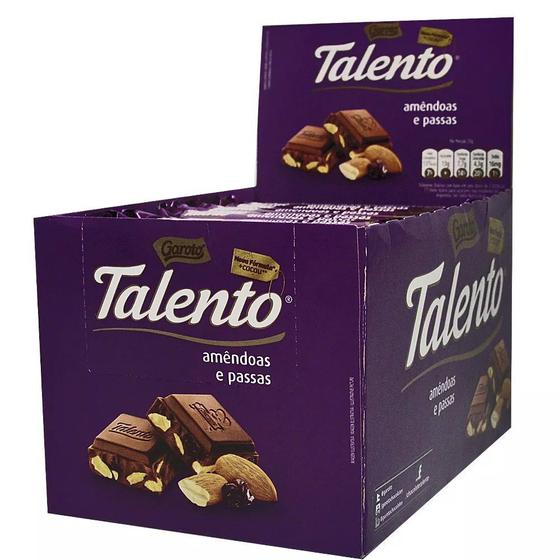 Chocolate Tablete Talento Roxo Amêndoas e Passas 90Gr C/12un - Garoto Menor preço em Chocolate Tablete Talento Roxo Amêndoas e Passas 90Gr C/12un - Garoto