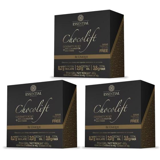 Imagem de Chocolift Be Unique - 3x Caixas com 12 Barras de 40g cada - Essential Nutrition