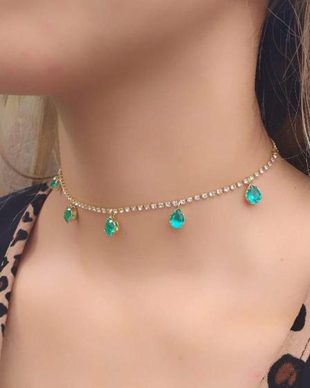 Imagem de Choker De Strass Com Pedras Gota Fusion Verde Folheado A Ouro 18K Premium