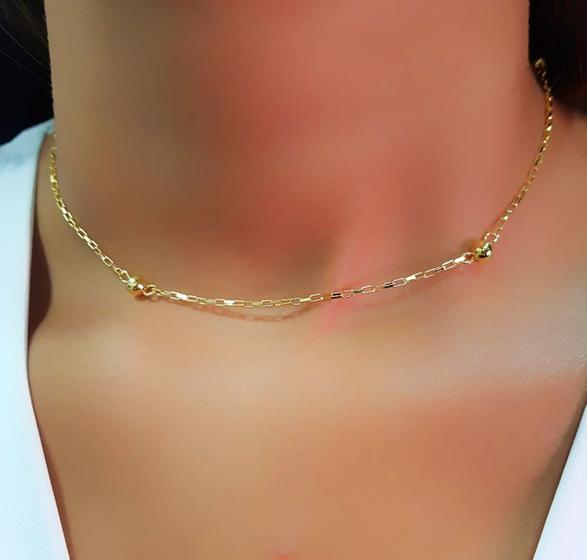 Imagem de Choker Mini Elos Retangulares com Bolinhas Lisa Banhado a Ouro