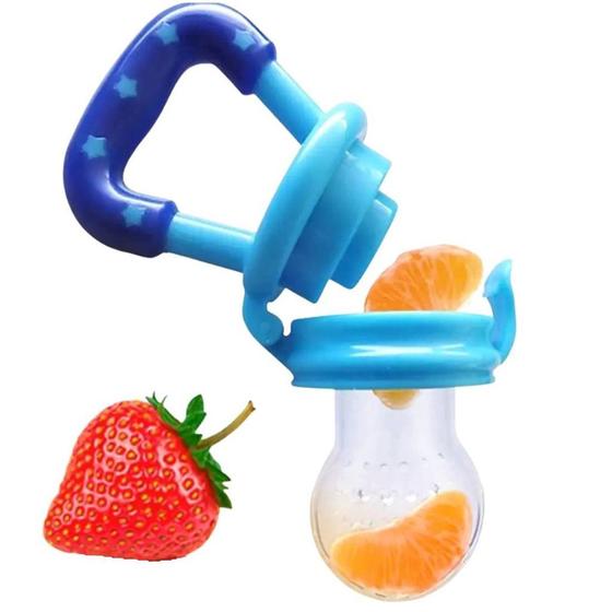Imagem de Chupeta Alimentadora Mordedor Porta Frutas para Bebês Bico de Silicone Azul