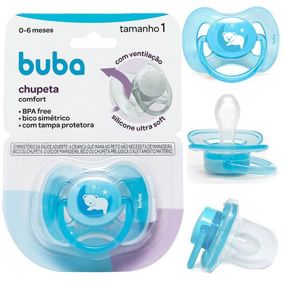 Imagem de Chupeta Comfort Buba Ultra Soft Tam 1 ou Tam 2 Para Bebês com Tampa Protetora Bico Simétrico