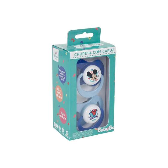 Imagem de Chupeta T2 Mickey Azul Menino Com Capuz e Bico de Silicone Ortodontico +6 Meses 2 unidades Disney
