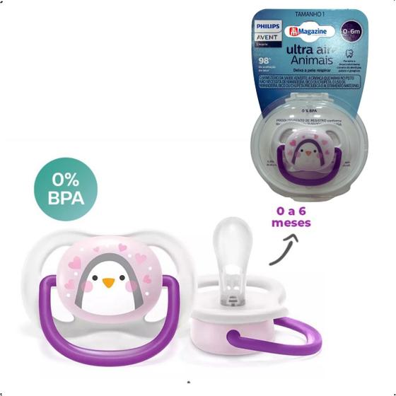 Imagem de Chupeta Ultra Air Unitária Menina Pinguim - 0-6 M SCF081/01 Avent