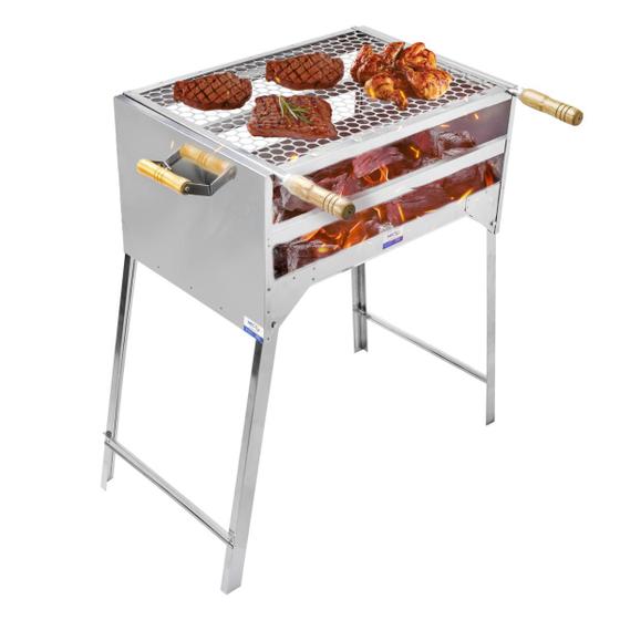 Imagem de Churrasqueira A Carvão Tradicional Com Grelha Cabo de Madeira Portátil 60X40cm Inox 430 Resistente