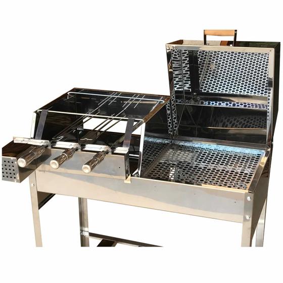 Churrasqueira Giratoria Inox Mista 85x41 Bafo e Grill Com Kit Giratório Inox 3 Espetos Menor preço em Churrasqueira Giratoria Inox Mista 85x41 Bafo e Grill Com Kit Giratório Inox 3 Espetos